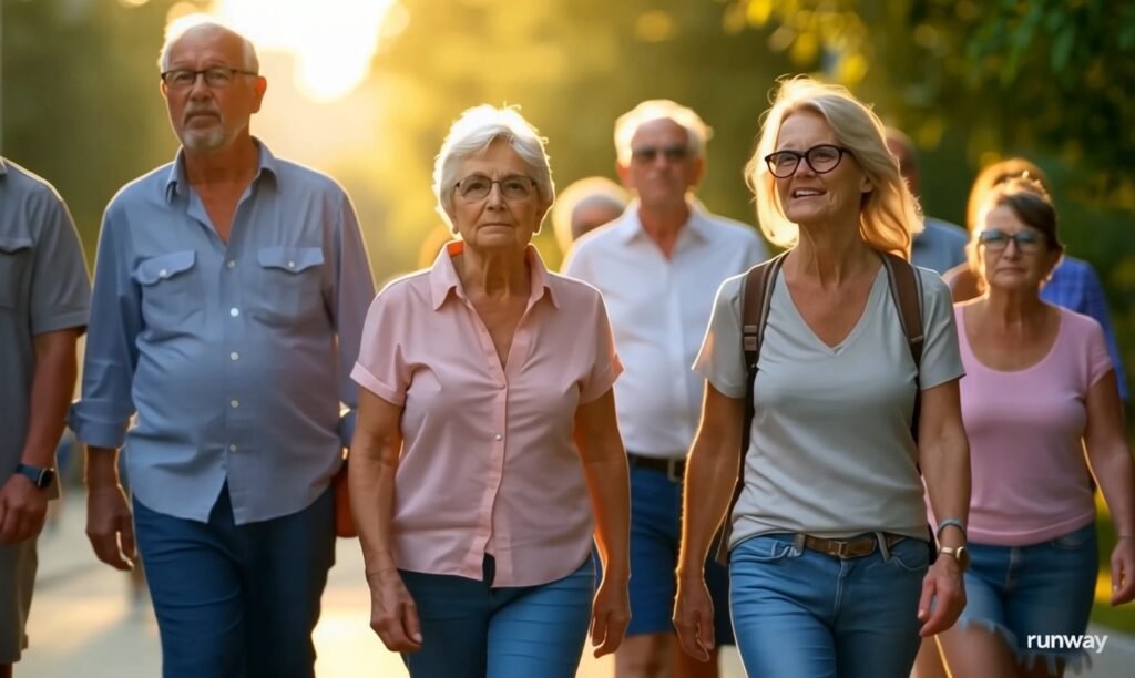 walkE1 A group of older people walking towards the camera